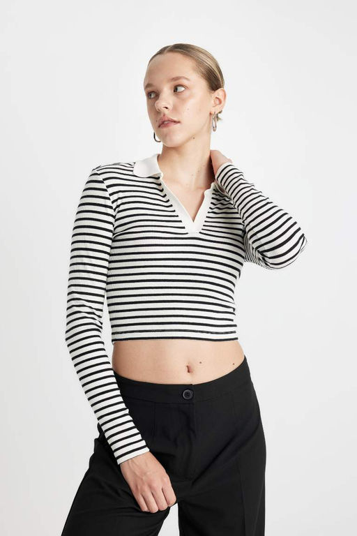 Приталенная полосатая футболка с воротником-поло и длинными рукавами - Defacto фото 3