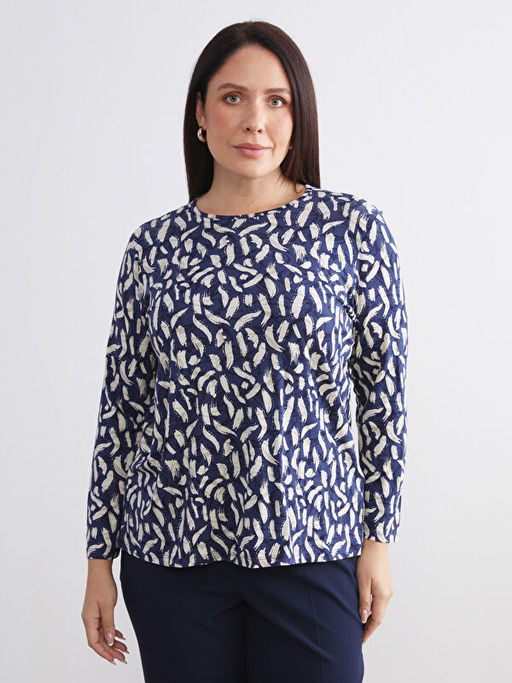 B?y?k Beden Bisiklet Yaka Desenli Bluz