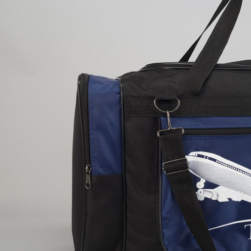 Сумка дорожная на молнии, 3 наружных кармана, длинный ремень, чёрная, синяя