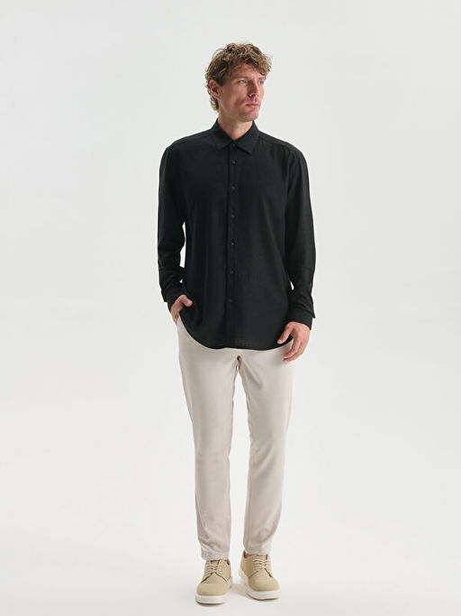 Slim Fit Uzun Kollu Keten Kar???ml? Erkek G?mlek