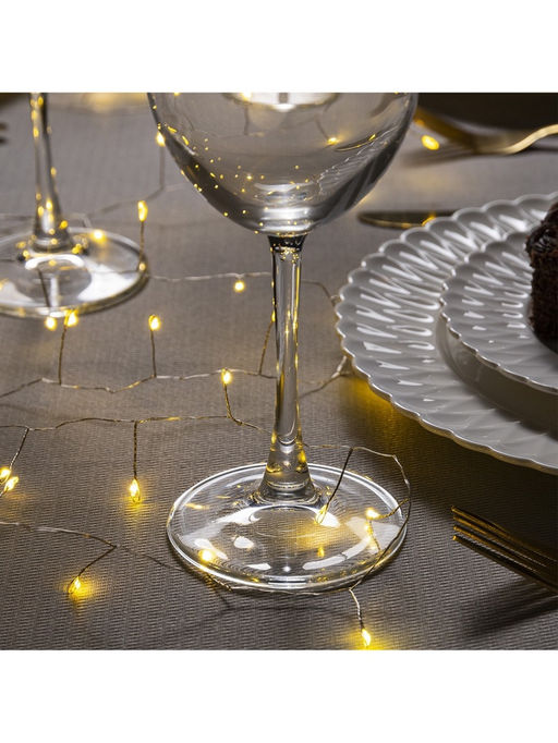 Гирлянда «Мишура» 2 м роса, IP20, серебристая нить, 50 LED, батарейки CR2032х2 (в комплекте), свечение тёплое белое