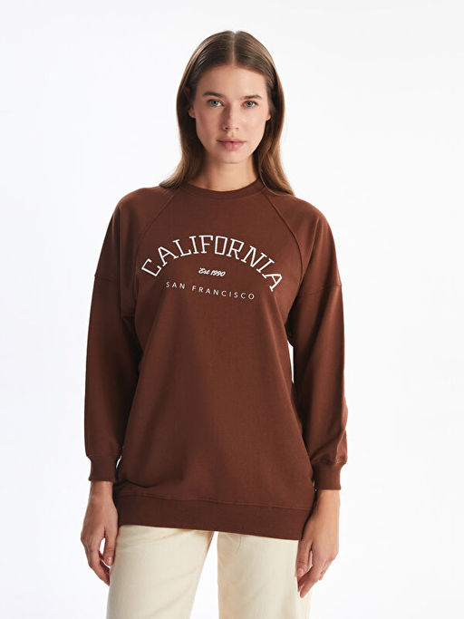 Bisiklet Yaka Bask?l? Oversize Kad?n Sweatshirt Tunik