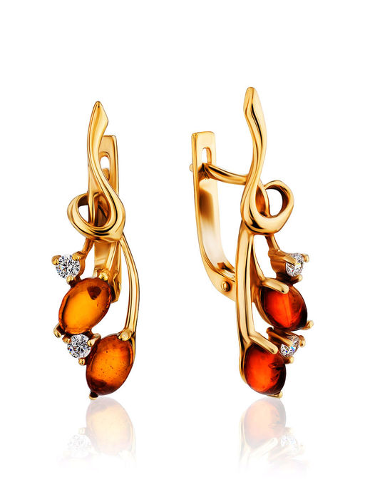 Женственные серьги с натуральным тёмно-коньячным янтарём и фианитами Олеандр