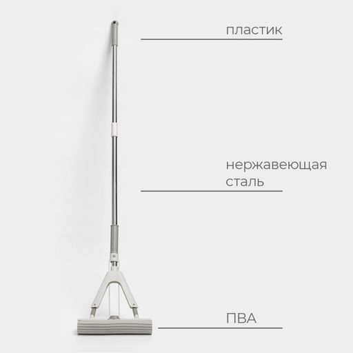 Швабра для мытья пола PVA Raccoon, со складным отжимом, насадка 28×6 см, стальная ручка с 3 секциями 130 см