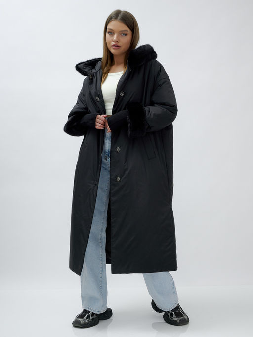 Пальто зимнее женское с норкой большого размера черного цвета 25008Ch - Mtforce фото 11
