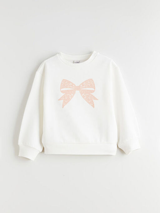 Bisiklet Yaka Fiyonk Bask?l? K?z ?ocuk Sweatshirt