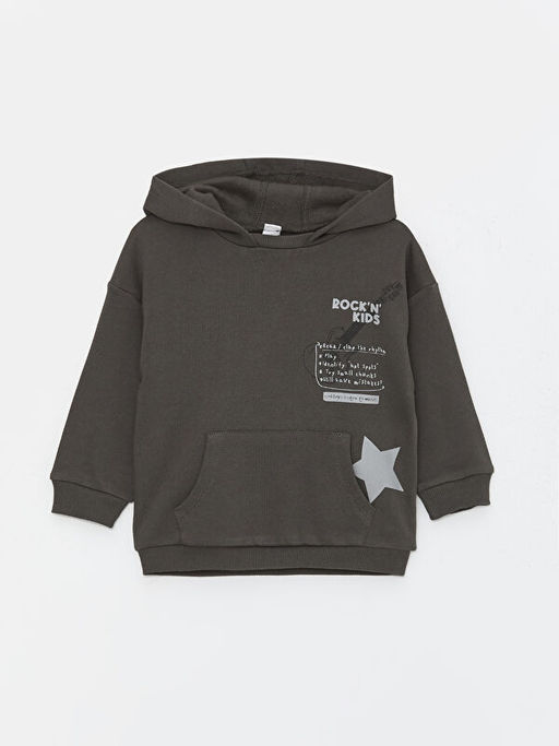 Bask?l? Uzun Kollu Erkek Bebek Hoodie