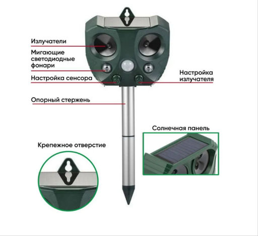 Отпугиватель садовый уличный, защита от собак кошек грызунов, ультразвуковой экоснайпер