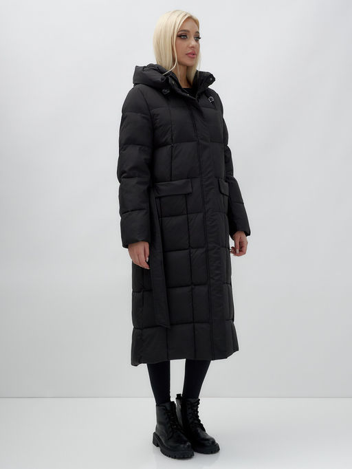 Пальто утепленное стеганное зимнее с капюшоном женское черного цвета 9609Ch - Mtforce фото 4