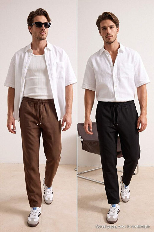 Siyah-A__k Kahverengi _kili Paket %100 Pamuk Keten Straight Fit Erkek Pantolon TMNSS26PL00041