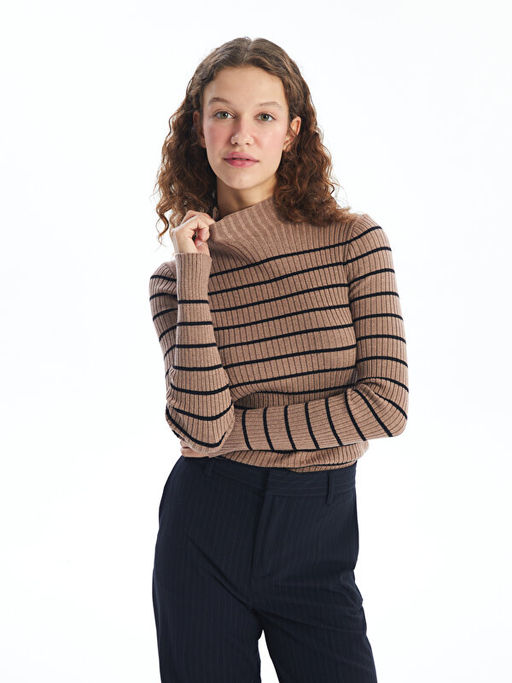 Yar?m Bal?k?? Yaka ?izgili Uzun Kollu Kad?n Triko Kazak