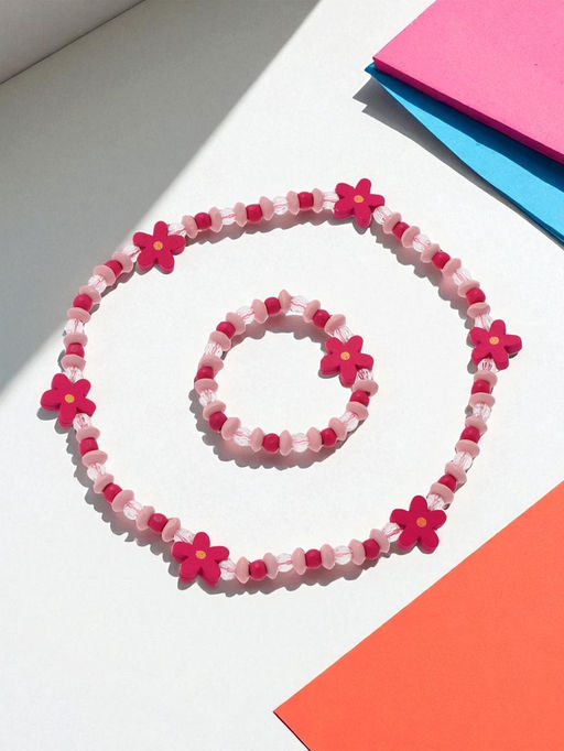 Цена за 2 шт. Набор детских украшений Выбражулька «Цветочки», 2 предмета: бусы, браслет d=6 см розовый