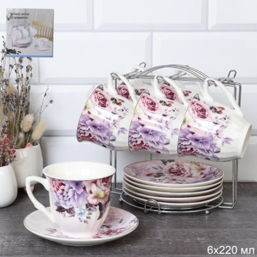 Чайный набор 12 предметов 220 мл / TC03-2416-12M /уп 8/ Костяной металл подставка