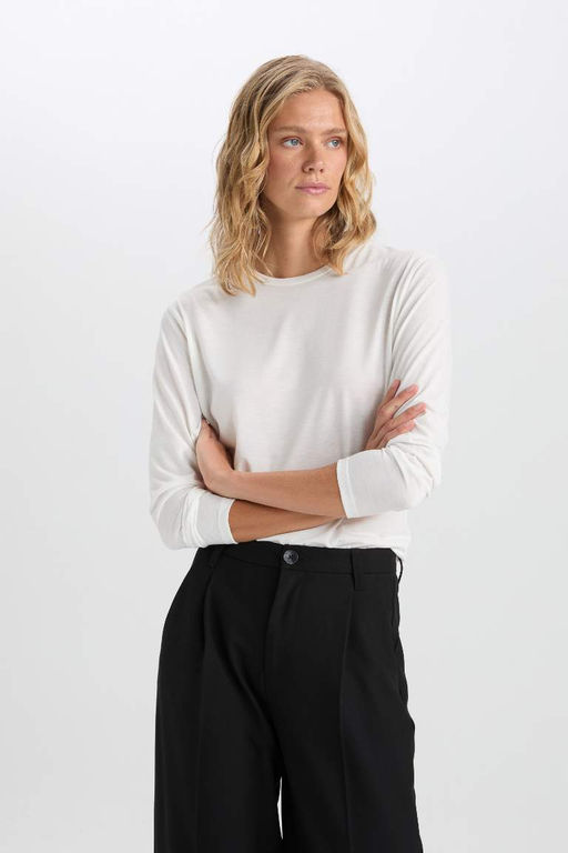 Женская обычная посадка с круглым вырезом, базовая простая повседневная футболка с длинными рукавами - Defacto фото 4