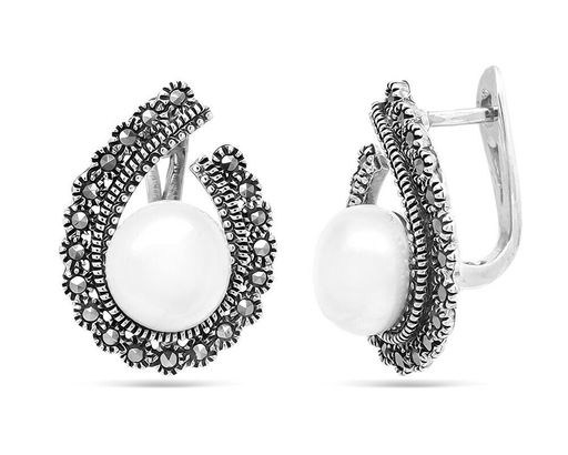 Серьги из серебра жемчуг, марказит, SL-AGA631