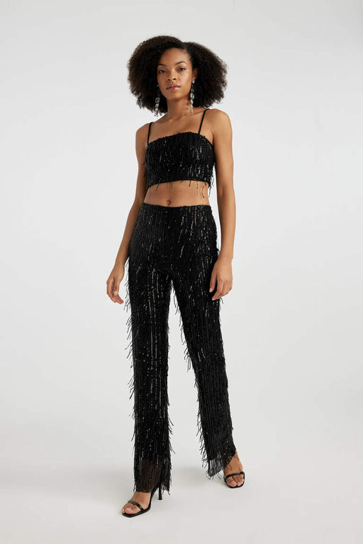 Стандартные черные брюки с пайетками Flayer с нормальной талией - Defacto фото 3