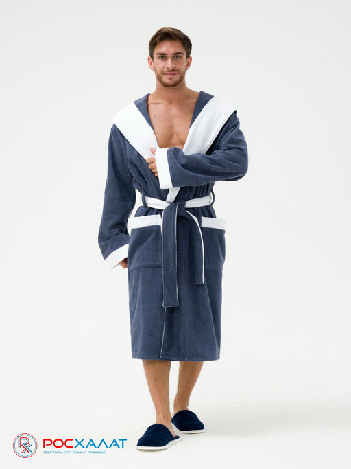 Мужской махровый халат с капюшоном с белой отделкой серый+белый МЗ-05-1 (84) - Росхалат фото 3