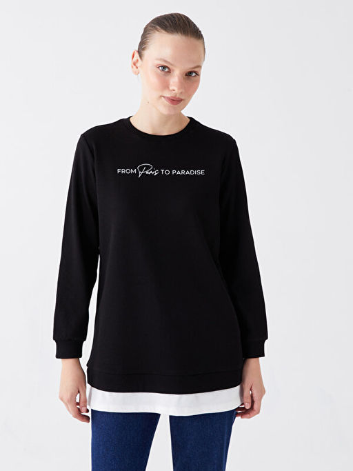 Bisiklet Yaka Bask?l? Uzun Kollu Kad?n Sweatshirt Tunik