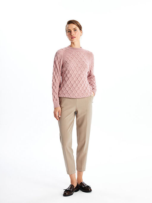 Bisiklet Yaka Kendinden Desenli Uzun Kollu Kad?n Triko Kazak