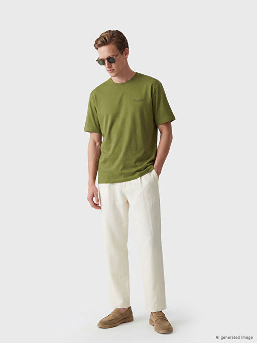 Loose Fit Bisiklet Yaka Bask?l? Erkek Ti??rt