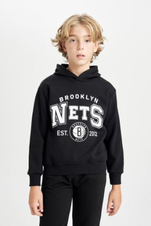 Erkek Cocuk Siyah NBA Brooklyn Nets Kapusonlu Kal?n Sweatshirt