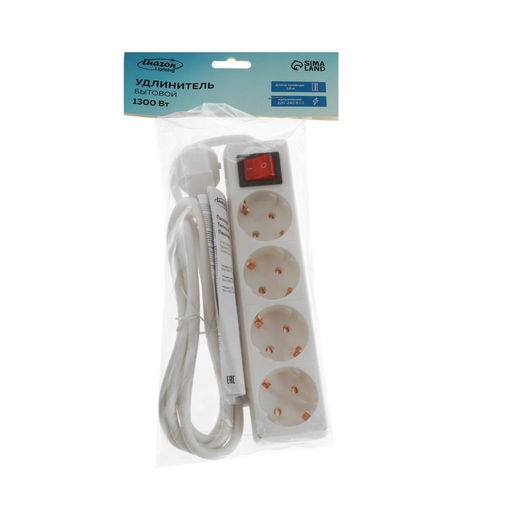 Удлинитель Luazon Lighting, 4 розетки, 1,8 м, 10 А, 2200 Вт, 3х0.75 мм2, с заземлением, с выключателем, белый