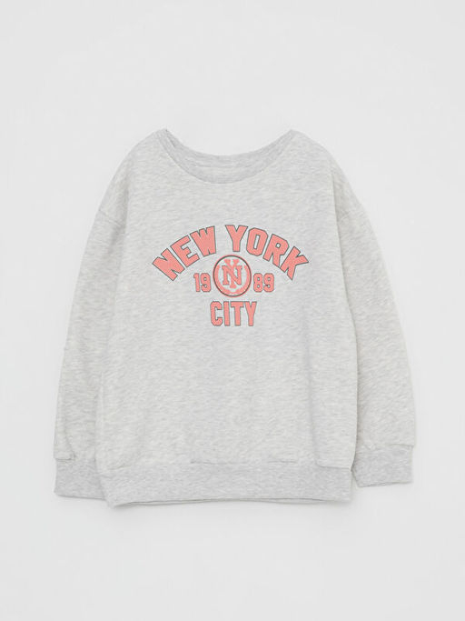 Bisiklet Yaka Bask?l? Uzun Kollu K?z ?ocuk Sweatshirt