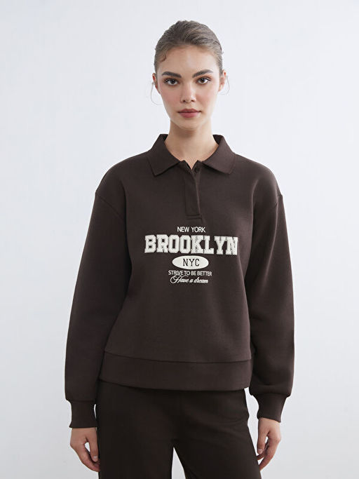 Polo Yaka Brooklyn Bask?l? Kad?n Kal?n Sweatshirt