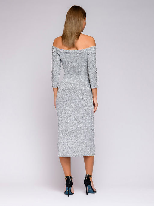 Платье серебристого цвета с открытыми плечами и драпировкой на юбке - 1001dress фото 3