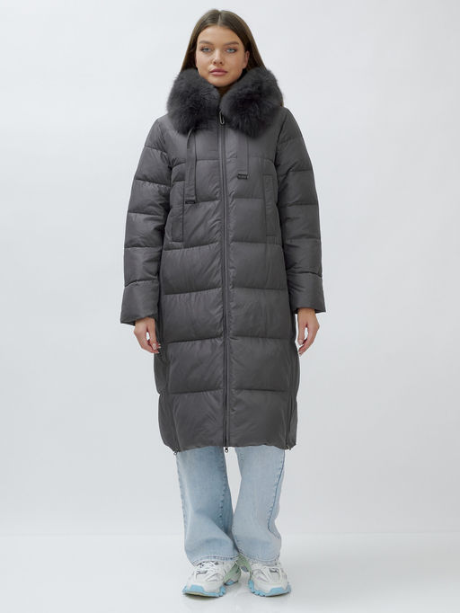 с натуральным мехом песца класса Люкс Бренд Visdeer Пальто зимние темно-серого цвета