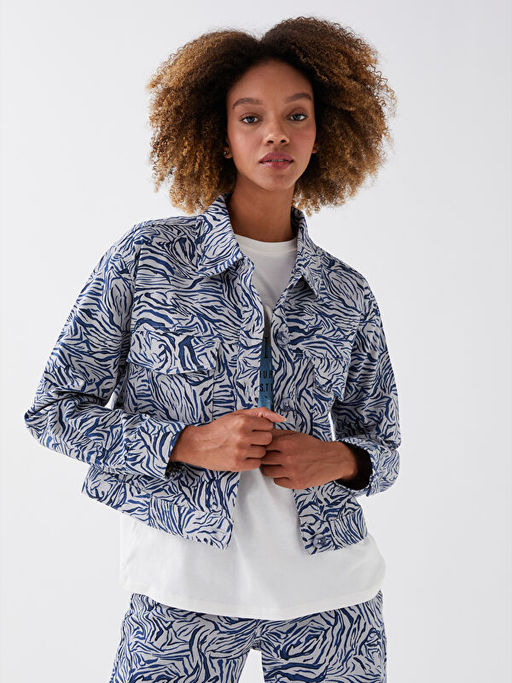 G?mlek Yaka Desenli Uzun Kollu Kad?n Ceket