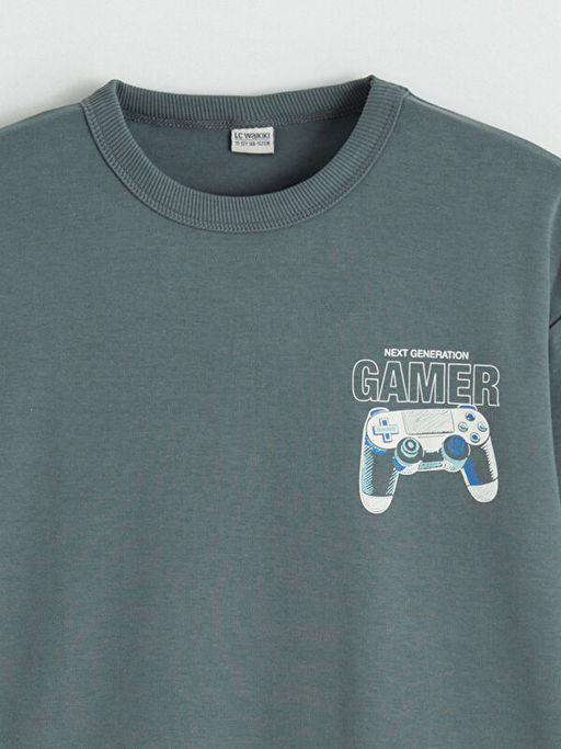 Bisiklet Yaka Bask?l? Erkek ?ocuk Sweatshirt