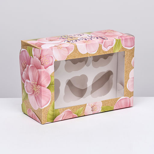 Коробка для 6 капкейков с окном «С 8 марта», 25×17×10 см