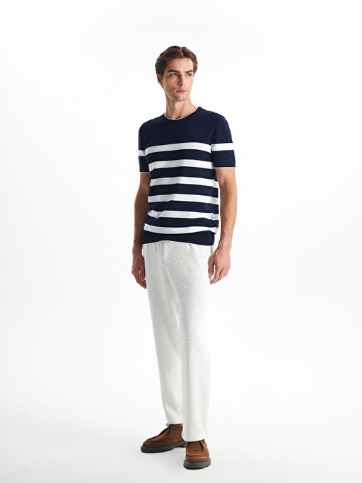 Bisiklet Yaka K?sa Kollu ?izgili Erkek Triko Kazak