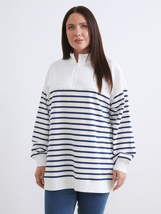 B?y?k Beden ?izgili Kad?n Sweatshirt Tunik