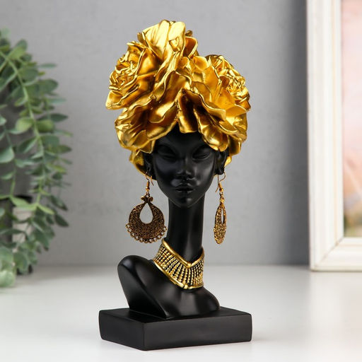 Фигурка полистоун «Бюст. Африканка с золотыми розами в волосах, с ожерельем», чёрный, 24×10×11 см
