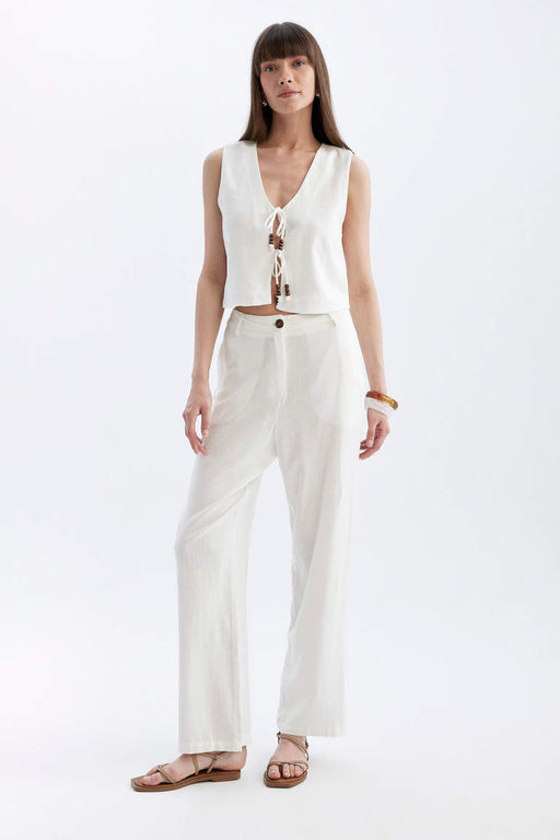 Белый жилет на шнуровке из смесового льна с v-образным вырезом - Defacto фото 2