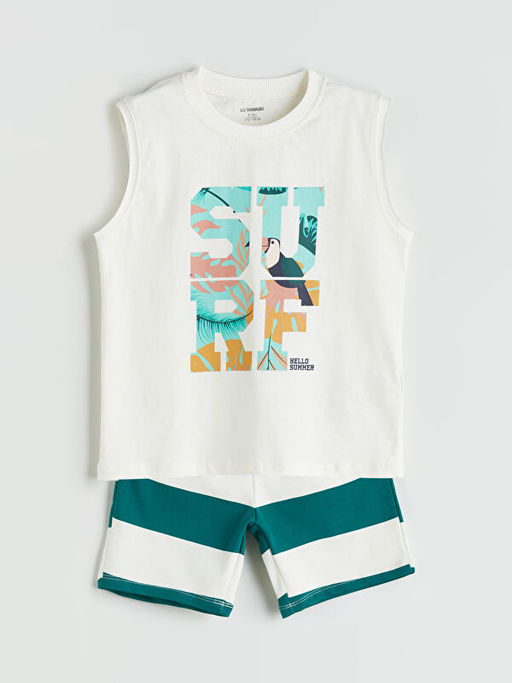 Bisiklet Yaka Bask?l? Erkek ?ocuk Atlet ve ?ort 2li