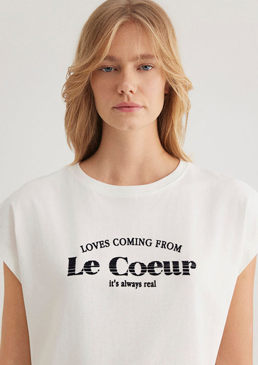 Bask?l? Beyaz Tisort - Mavi фото 6