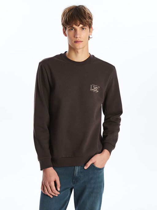 Bisiklet Yaka Bask?l? Erkek Kal?n Sweatshirt