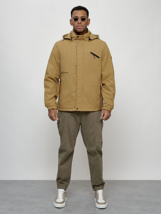 Куртка спортивная мужская весенняя с капюшоном бежевого цвета 88021B