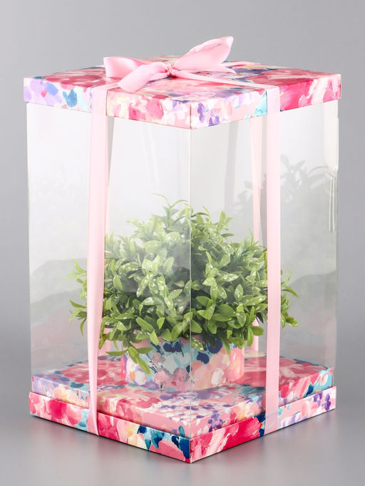 Коробка PVC, для цветов и букетов, с лентой, 28?18?18 см, розовый