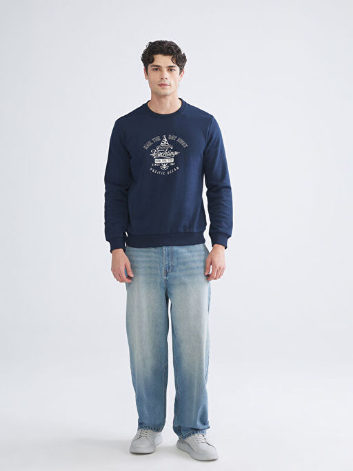 Bisiklet Yaka Bask?l? Erkek Kal?n Sweatshirt