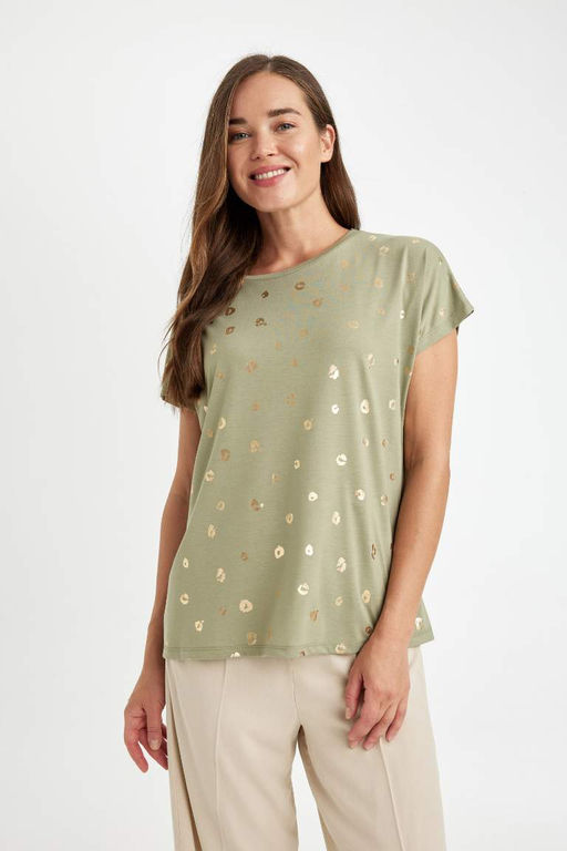 Женская футболка обычного кроя с круглым вырезом и ярким принтом с короткими рукавами - Defacto фото 3