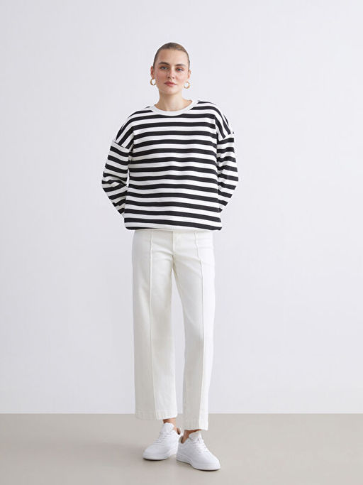 Bisiklet Yaka ?izgili Oversize Kad?n Sweatshirt