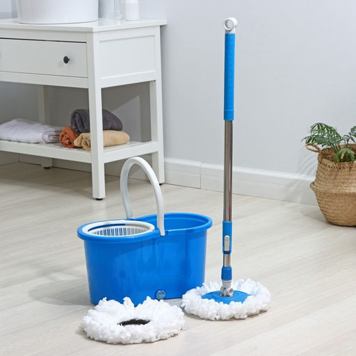 Швабра с отжимом и ведром на колёсиках с пластиковой центрифугой Доляна, 14 л, швабра, запасная насадка из микрофибры, МИКС
