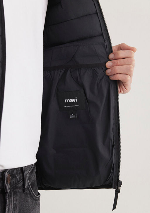 Dik Yaka Siyah Sisme Mont - Mavi фото 7