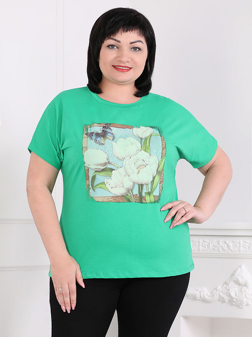 Футболка женская изумрудная с принтом цветы