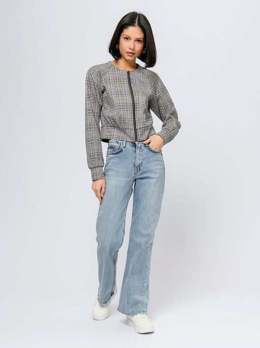 Жакет серого цвета укороченный с розовой клеткой и объемными рукавами - 1001dress фото 2