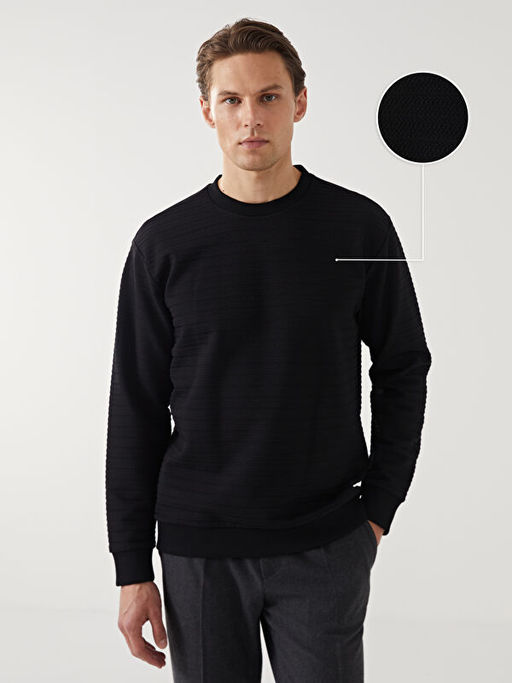 Bisiklet Yaka Uzun Kollu Erkek Dokulu Sweatshirt